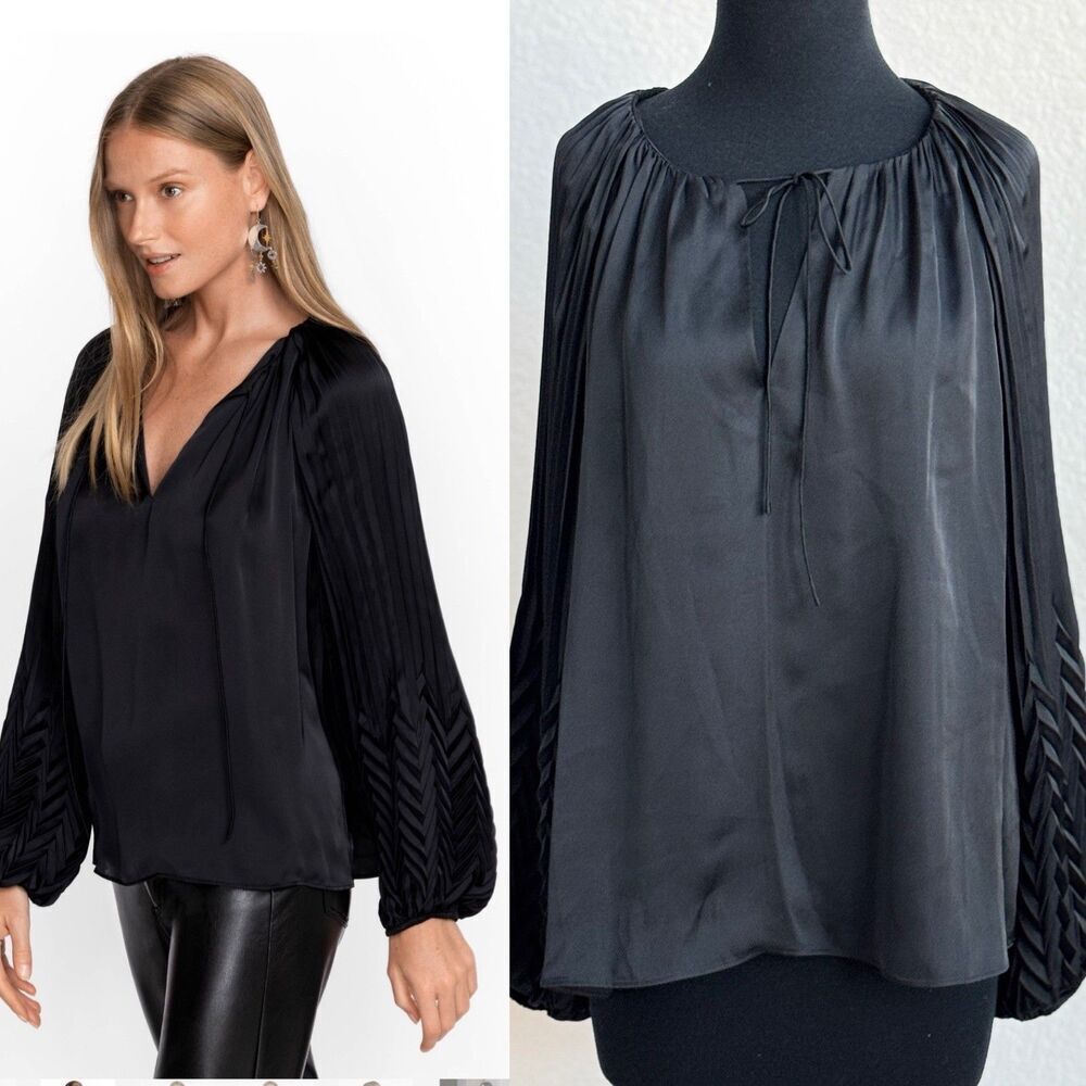 JOHNNY WAS Gemma Blouse Solid Black Pleated Long Sleeve V-Neck Women’s M Classic